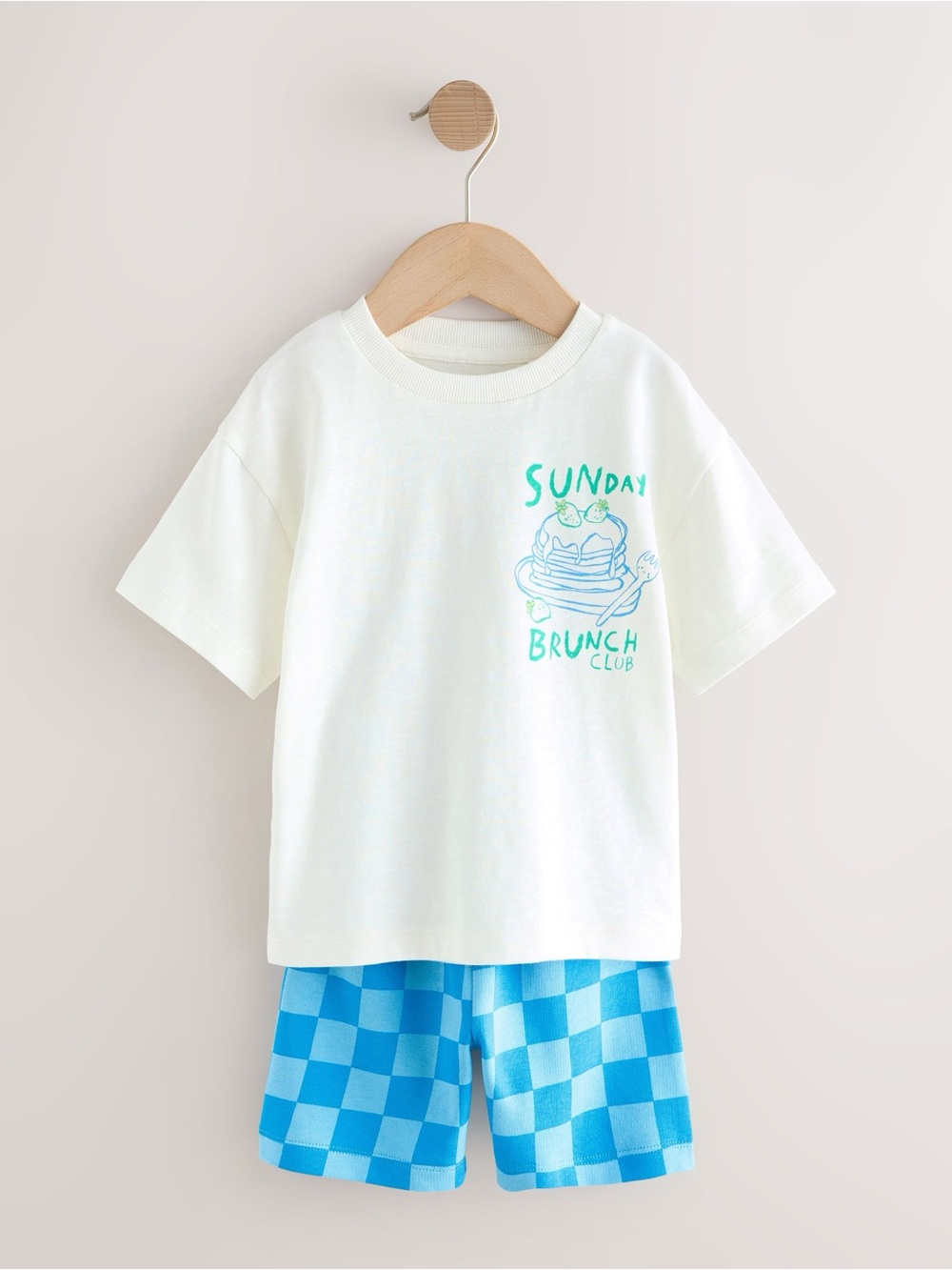 Next • NWT Kids 'Sunday Brunch Club' Tee & Checker Shorts - White & Bright Blue